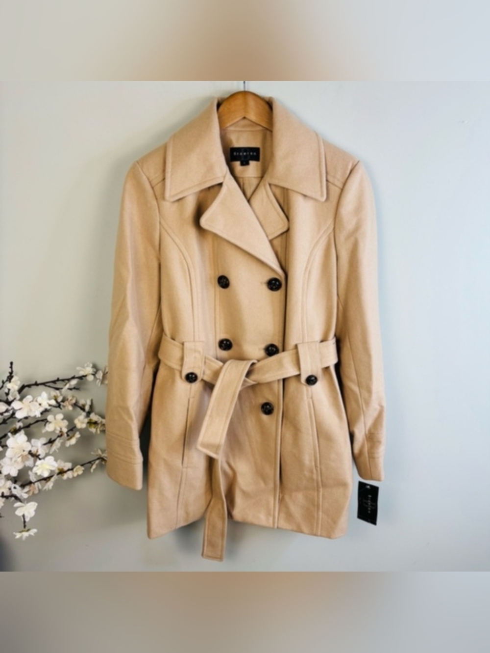 Women's Tan Belted Wool Pea Coat Large